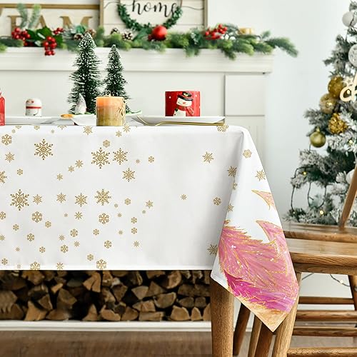 Miniatura 3 de Horaldaily Mantel redondo de Navidad de 70 x 70 pulgadas, diseño de árboles rosados dorados, cubierta de mesa lavable para fiesta, picnic y cena