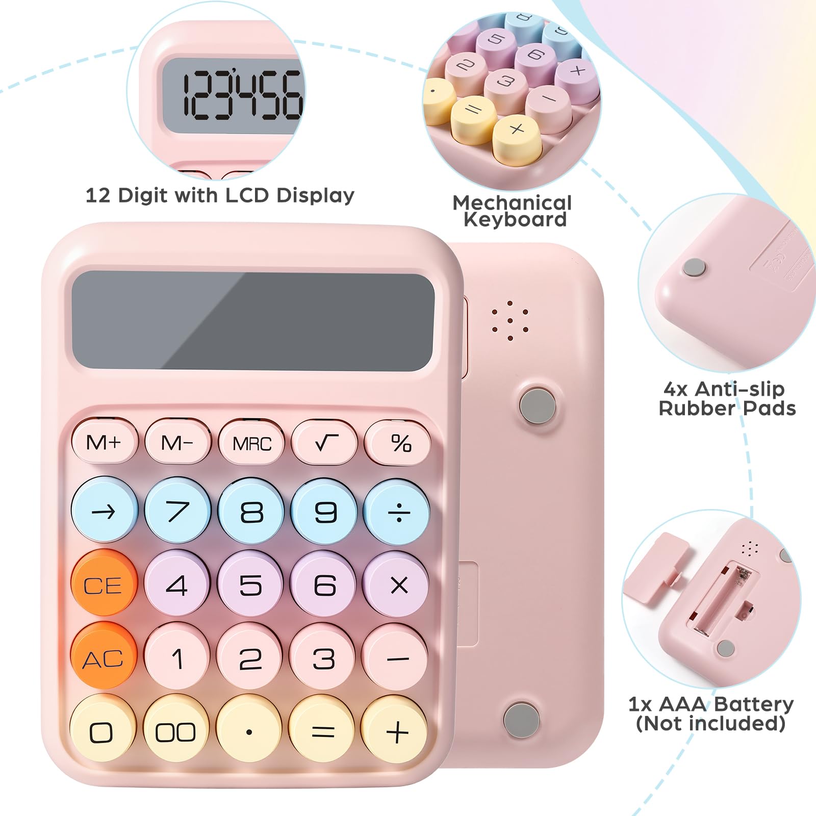 Taschenrechner mit mechanischer Tastatur, 12-stelliges großes Display mit Batteriebetrieb, 4 weiche Pastellfarben für einfache Verwendung im Büro, in der Schule und zu Hause, 8 Stück