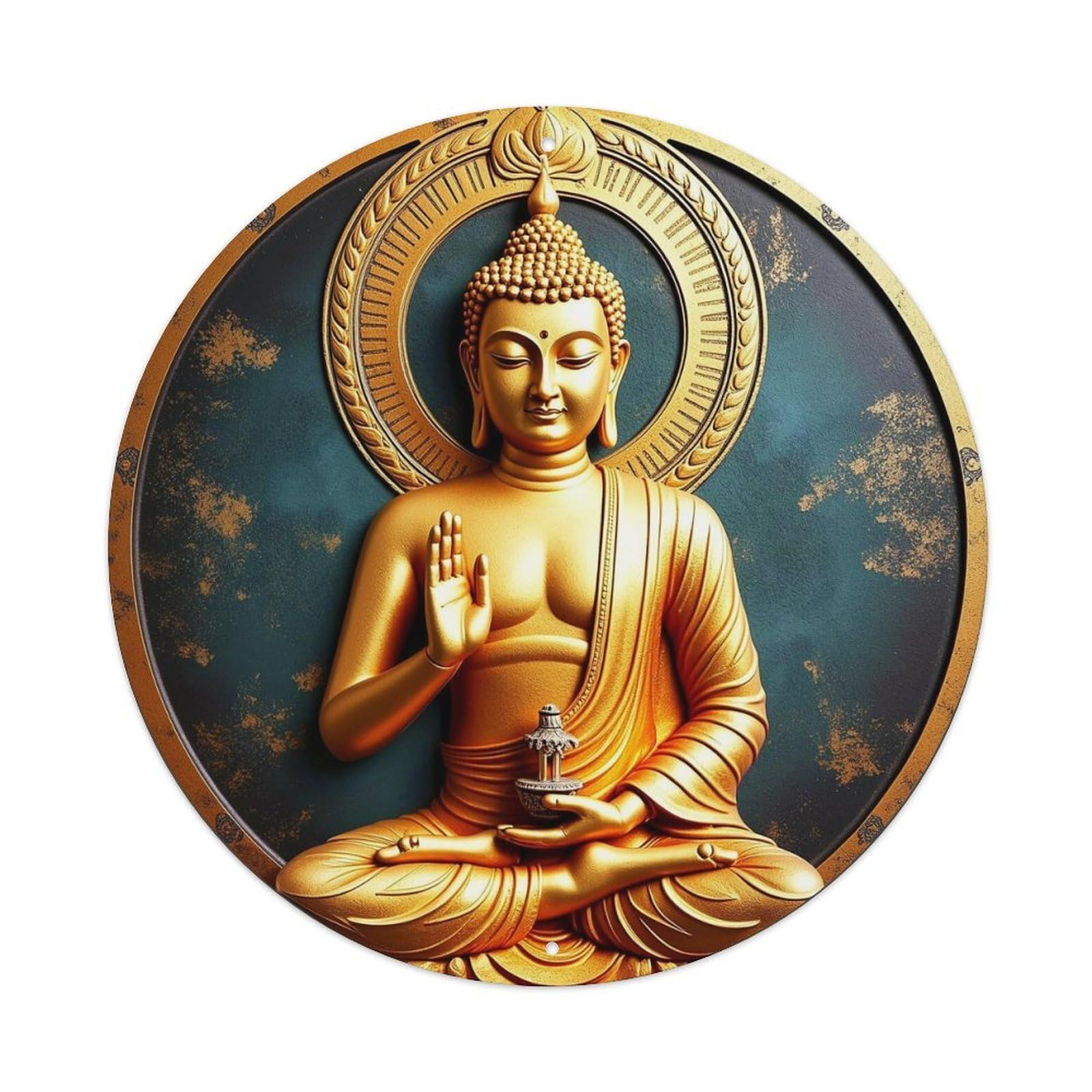 Golden Buddha Meditating With Halo Round Tin Sign Vintage Metal Sign Home Bar Garden Indoor & Outdoor Wall Decor Retro Metal Poster 8x8 Inch