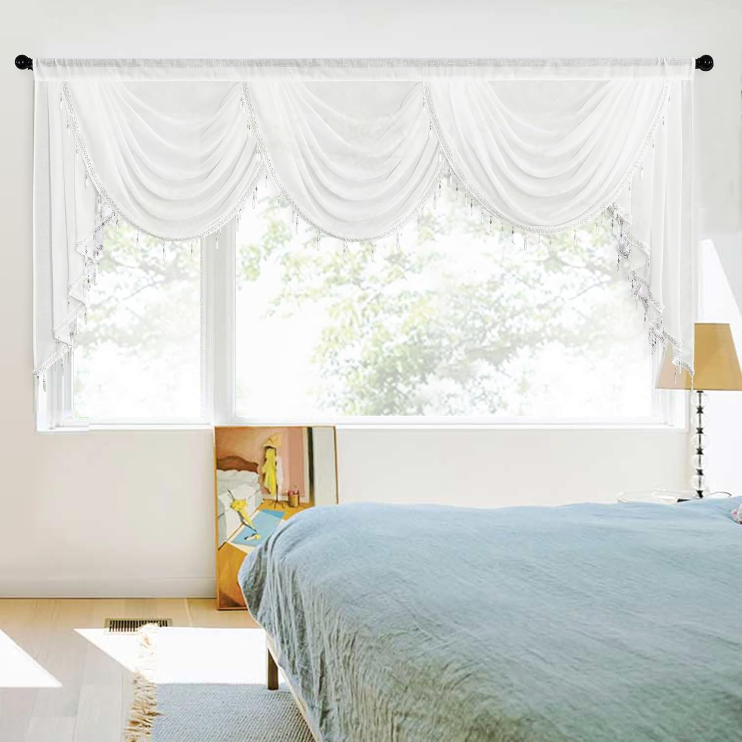 NICETOWN Semi Sheer Valance Curtain for Living Room, Rod Pocket Voile Beaded Swag Short Window Valance for Girls Kids Bedroom Waterfall Sheer Curtains for Home Decor, 1 Panel, 79" Wide