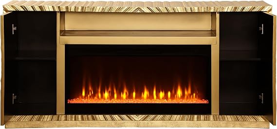 Tiffany 65.5 Modern Glam Fireplace - Gold | 2 Side Cabinets, Center Shelf, Built-In Electric Fireplace Heater, Remote & 7-Color Flame, Acrylic Crystals