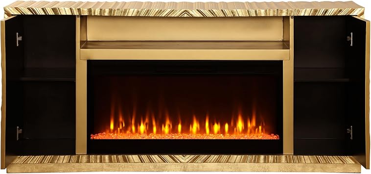 Tiffany 65.5 Modern Glam Fireplace - Gold | 2 Side Cabinets, Center Shelf, Built-In Electric Fireplace Heater, Remote & 7-Color Flame, Acrylic Crystals