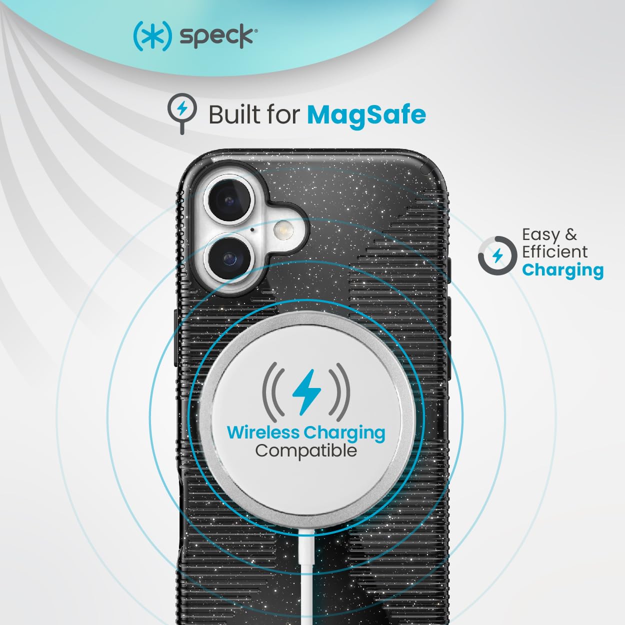Speck CandyShell Schutzhülle für iPhone 16 – iPhone 16 Hülle für Damen und Herren – griffige Schutzhülle für iPhone 16, schlanke MagSafe-Hülle, schwarzer Glitzer/Stahlschwarz