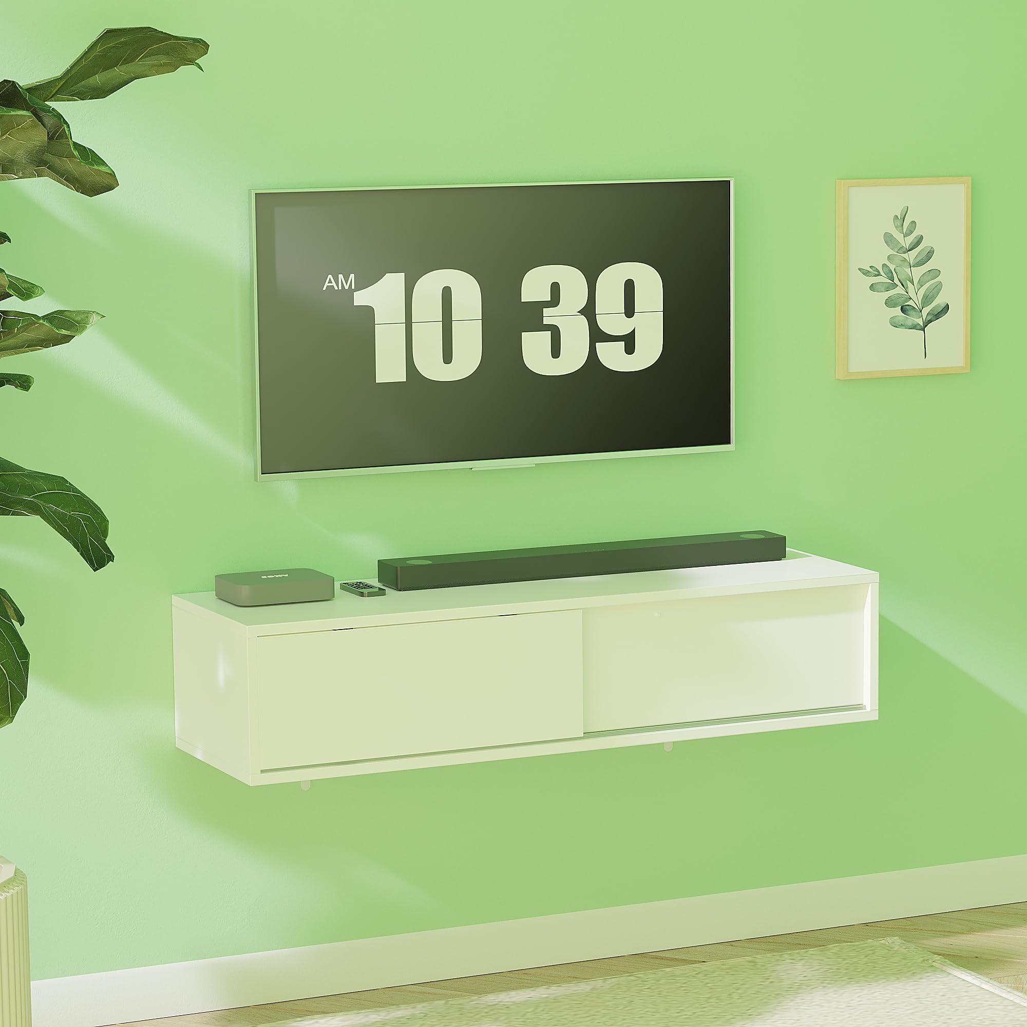 woodtalks Floating TV Console, 41'' Wall-Mounted Media Console with Sliding Doors, Floating TV Cabinet, Floating TV Stand, Under TV Entertainment Shelf and Storage for Bedroom Living Room, White