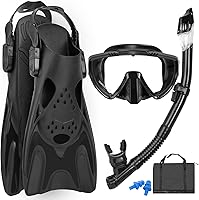 GoOsprey Snorkeling Gear for Adults: 5-in-1 Panoramic Anti-Fog Mask, Dry Top Snorkel, Adjustable Fins, Earplugs & Travel Bag