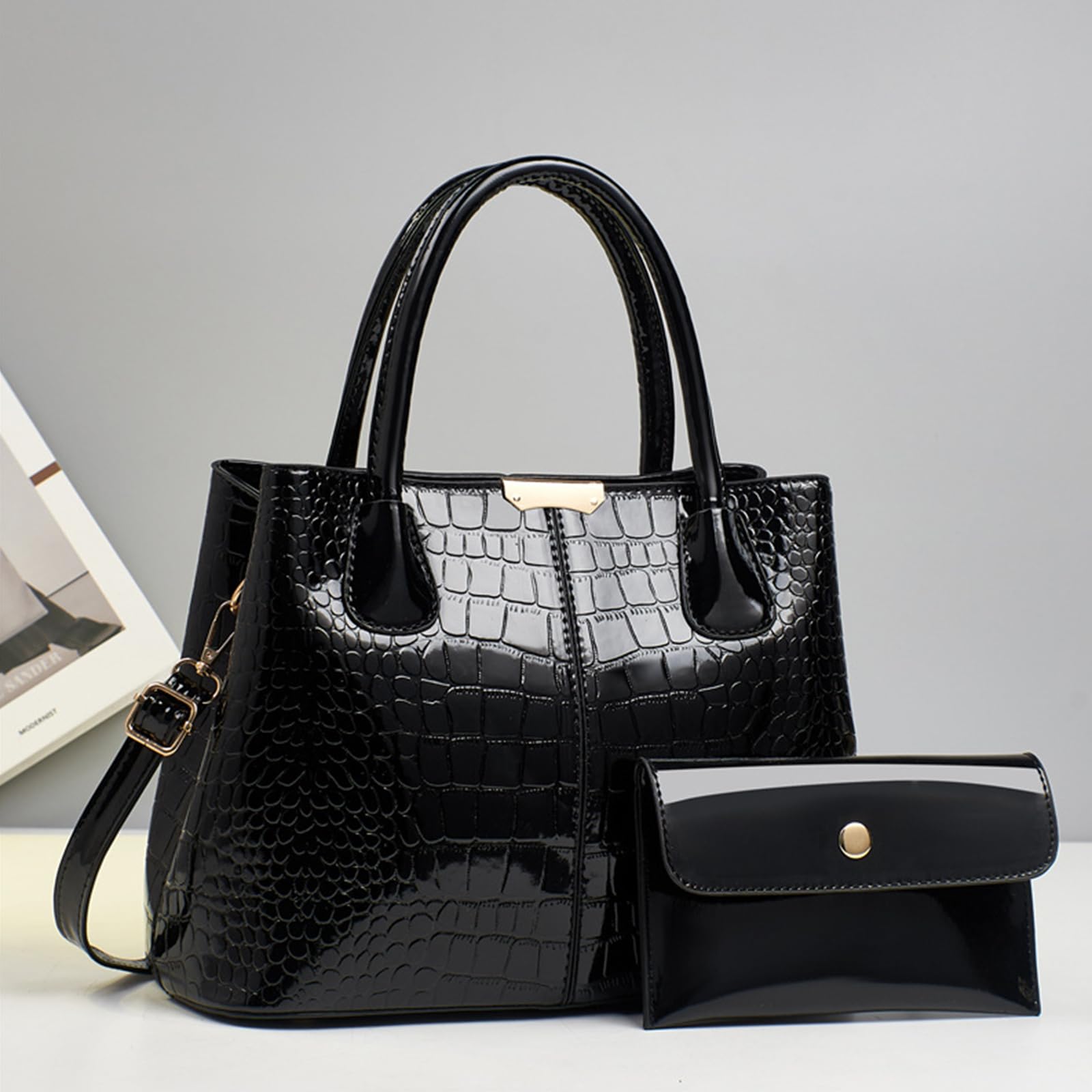 NICOLE & DORIS Bolso de Mano Mujer Bolso con Monedero Bolsos de Cocodrilo Bolso Bandolera Charol Bolso de Hombro para Viajes Compras Trabajo Negro