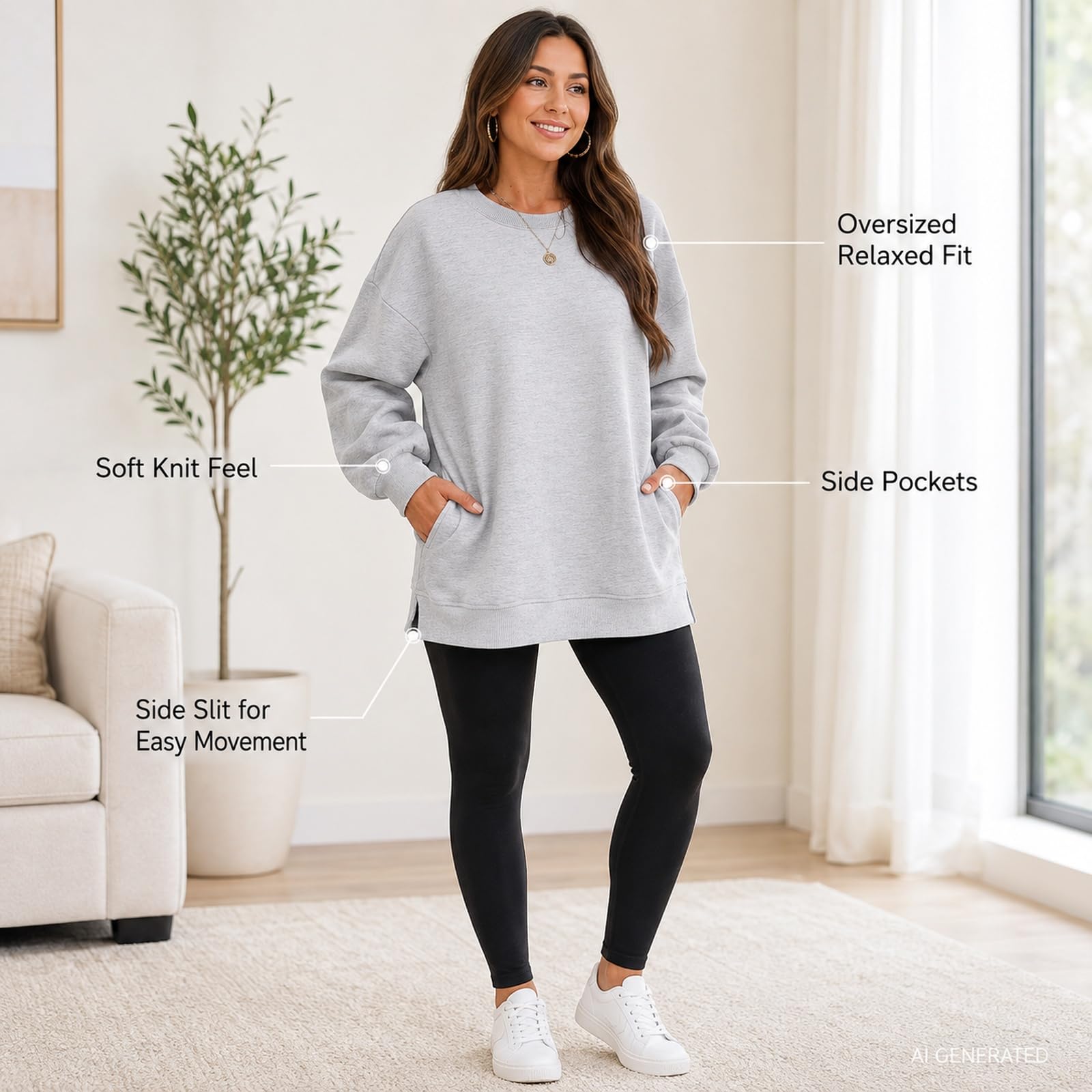 Damska bluza oversize z okrągłym dekoltem sweter z długim rękawem luźny
