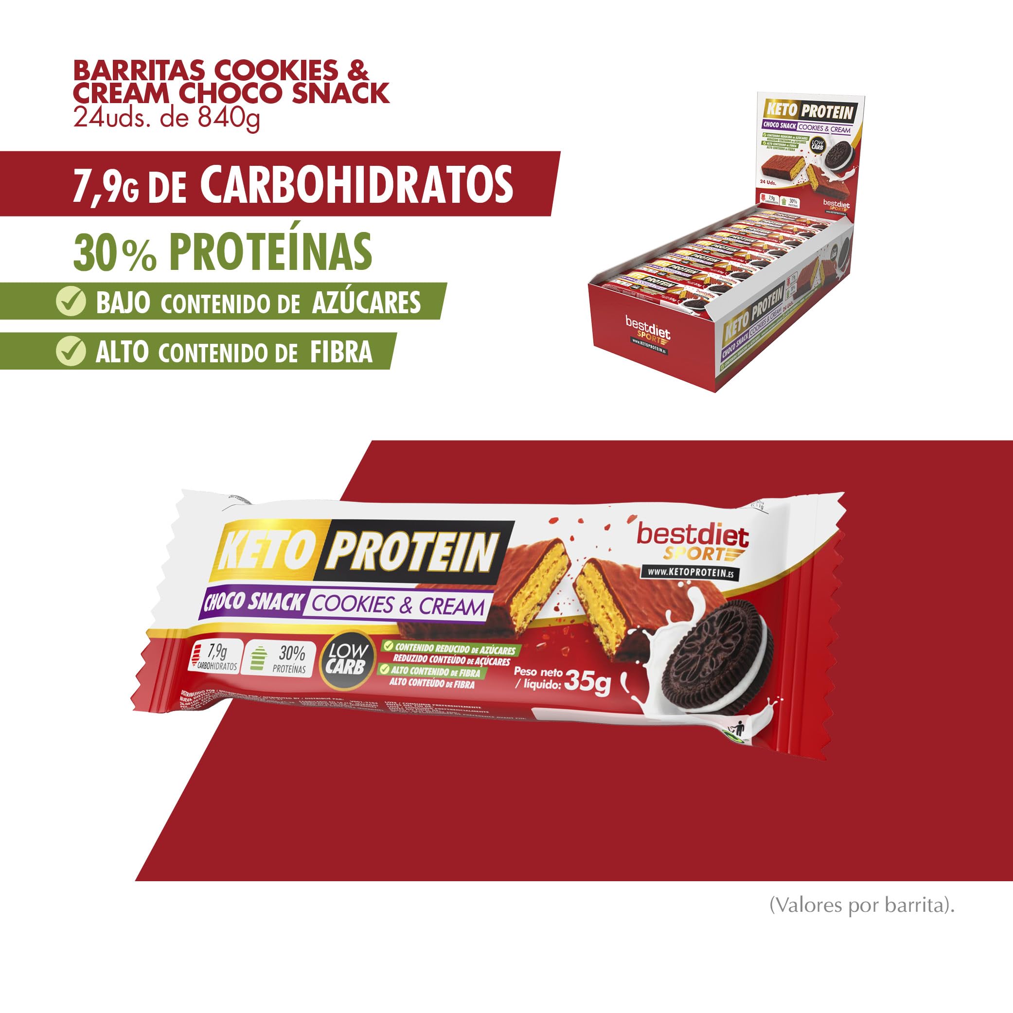 Barritas Proteina de Cookies & Cream 24 Uds - Barritas Energeticas Choco Snack - Snack Proteico Sabor Cookies & Cream, Bajo en Carbohidratos - Ideal Dieta Keto y Fitness – Bestdiet