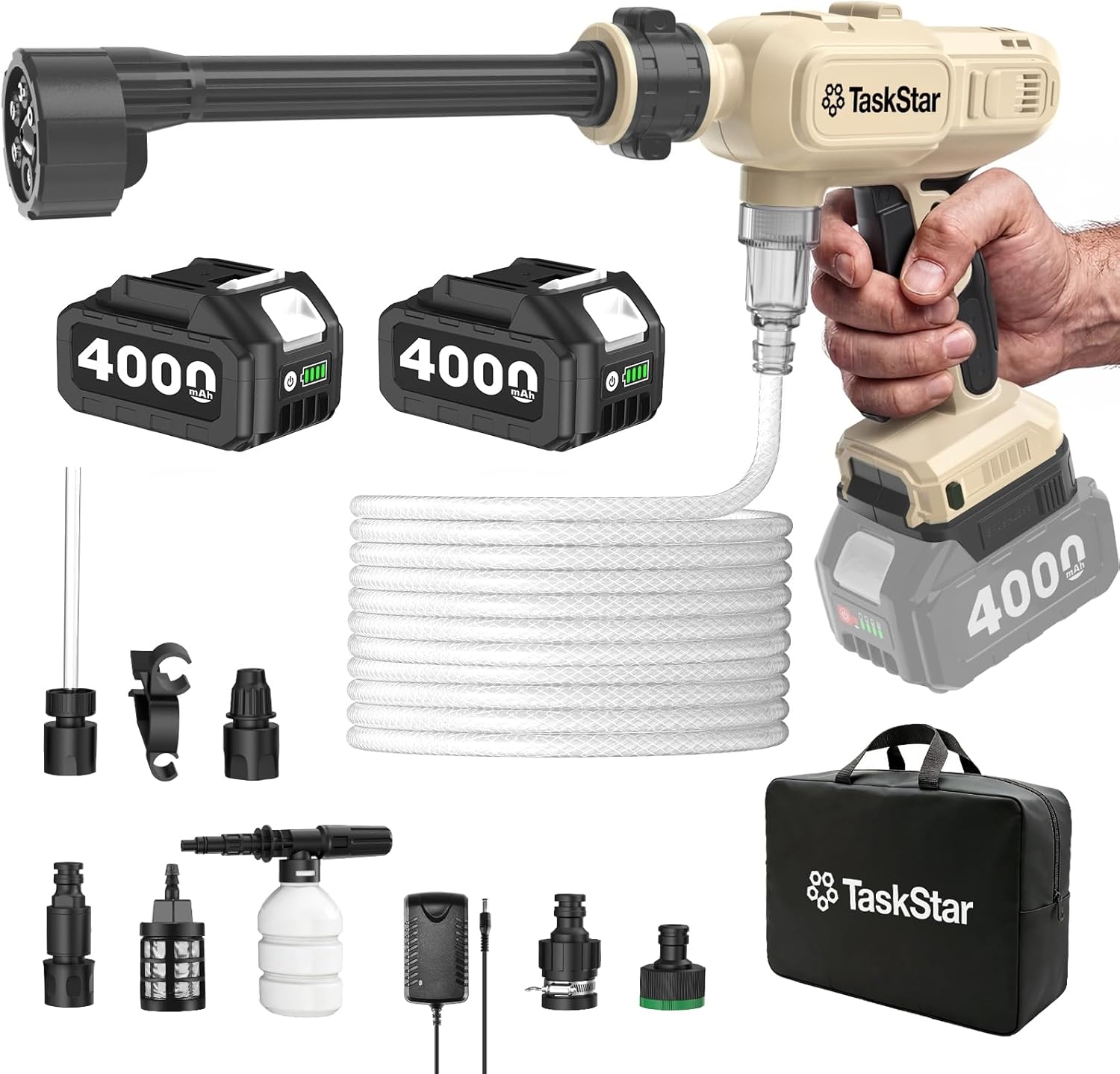 Portable Cordless Pressure Washer: 1500PSI High Pressure Washer, Brushless Motor, 2 Power Modes, 2X 4.0Ah Batteries, 6-in-1 Spray Nozzle, 26FT Extended Hose for Car, Garden, Outdoor Cleaning