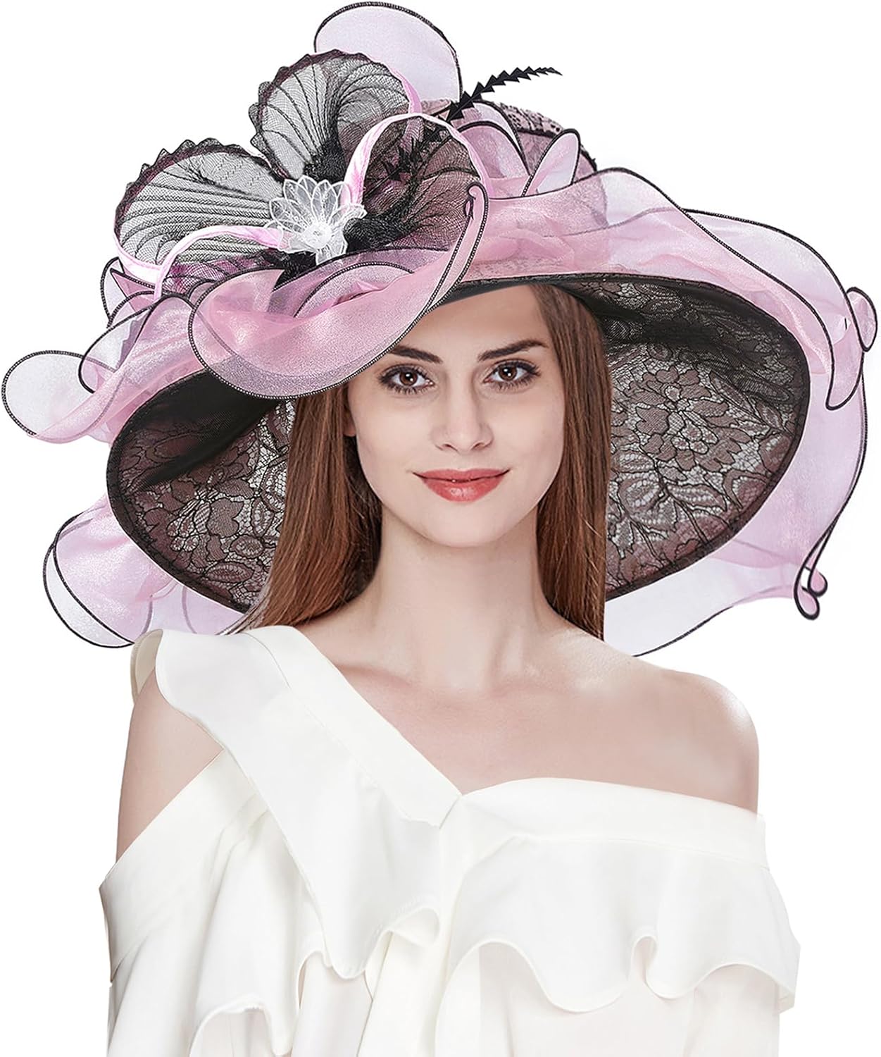 Z&X Women's Organza Fascinator Church Derby Hat Floral Lace Wide Brim