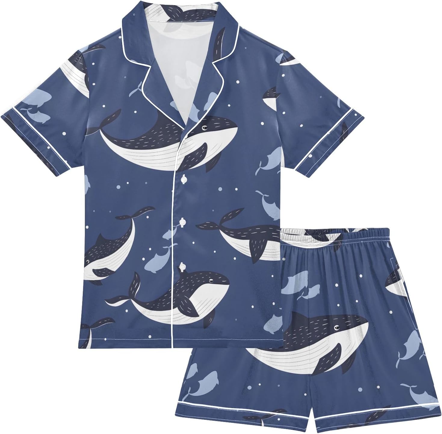 Kids Satin Wear Set Dark Blue Whales Pattern Relaxed Fit Clothing Short Sleeve and Shorts