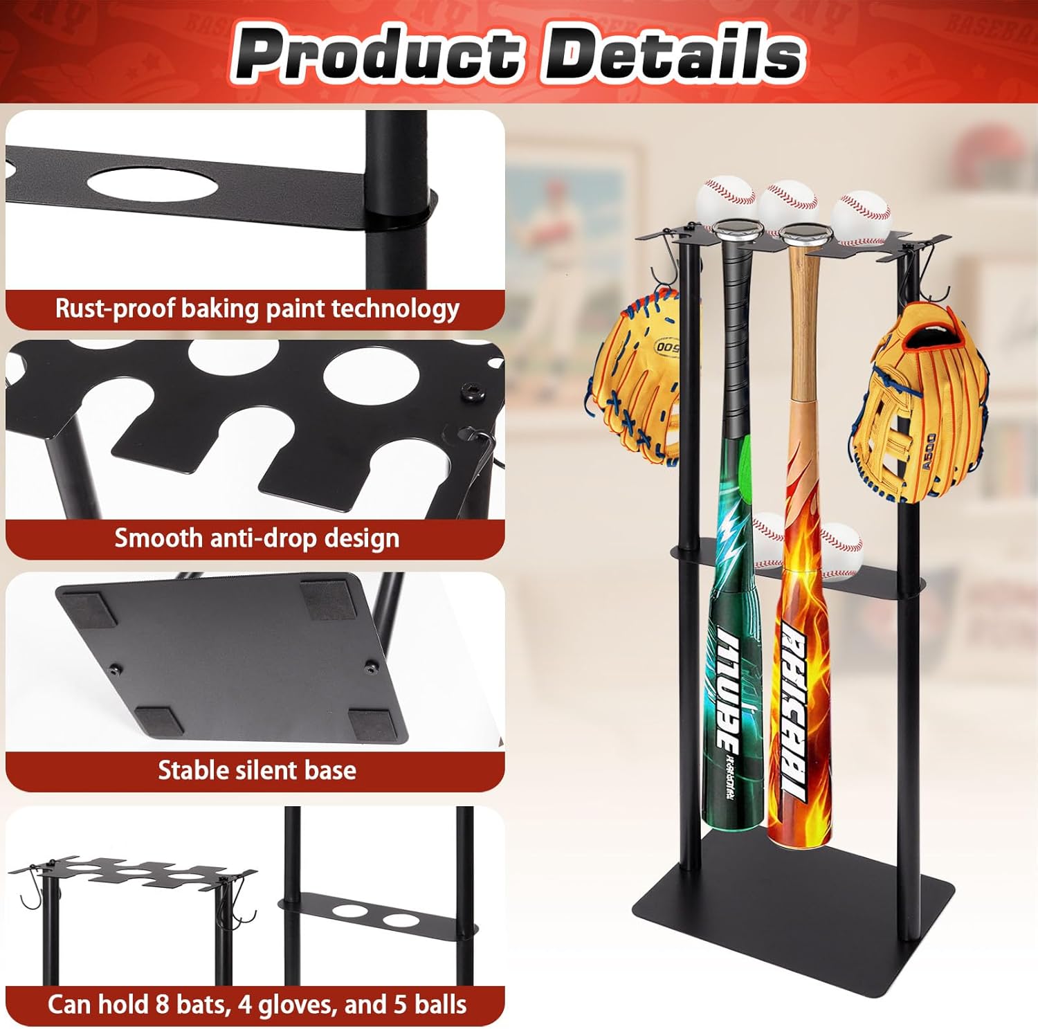 Baseball Bat Holder Stand, Free Standing Bat Rack for 8 Bats & 5 Balls, No Drill Softball Bat Organizer with 4 Hooks for Gloves, Sturdy Metal Display Stand for Home Team Dugout, Black