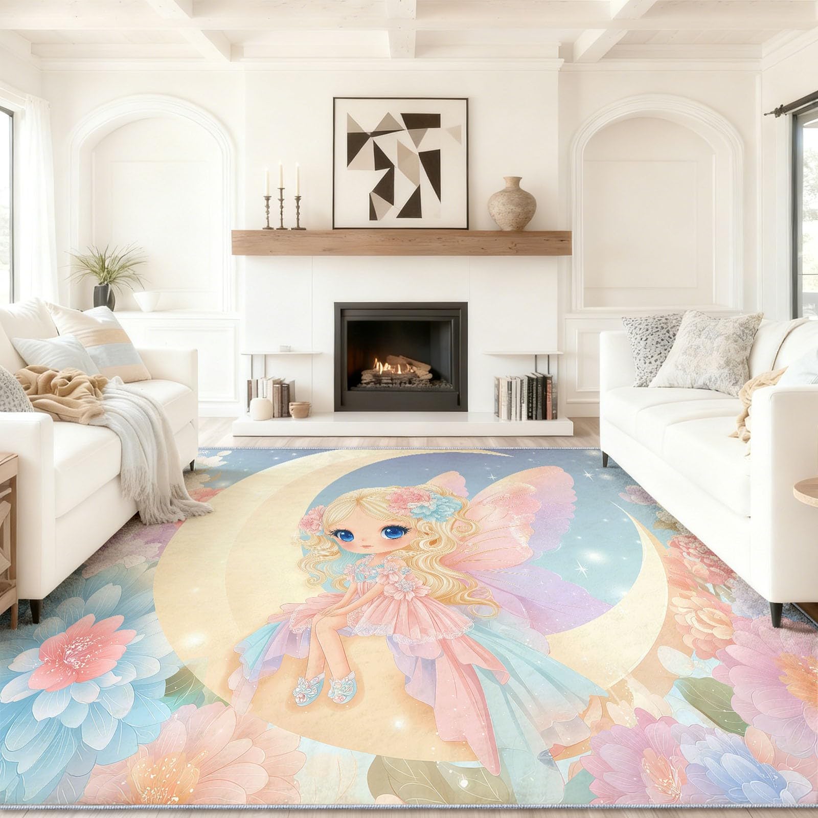 Fleurs Lune Fée Tapis de Salon, Tapis de Dimensions 60x110cm antidérapant et Lavable, Dessin Animé Mignon Multicolore pour Les Chambres Les Salons et Les couloirs