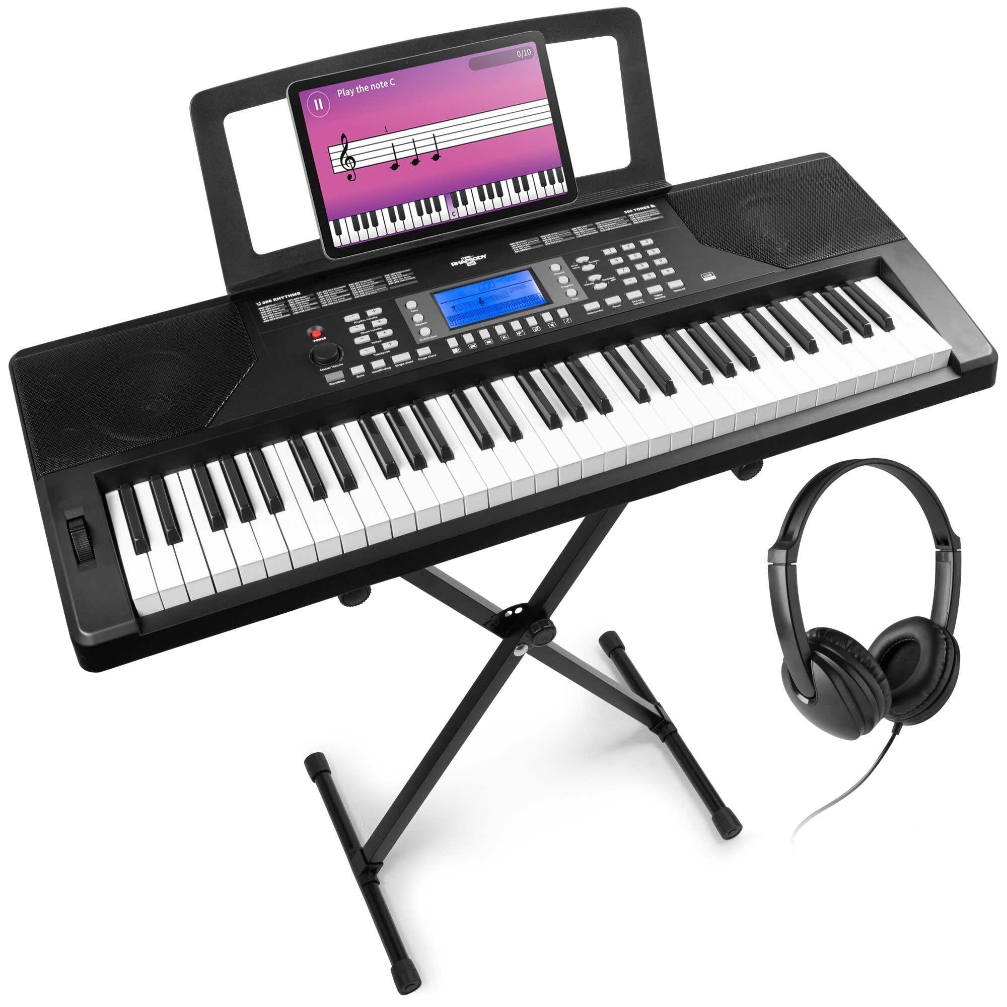 MAX Rhapsody61P - Teclado eléctrico Midi de 61 teclas con soporte de teclado, auriculares, altavoz, pantalla LCD, con función de aprendizaje, 40 canciones de demostración y 300 tipos de sonido