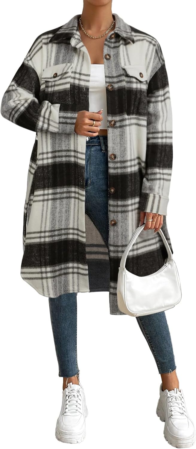 NIeyook Plaid Shacket Jacket Women Button Down Long Flannel Shirt Fall Oversized Jackets Casual Shaket Lapel Winter Coats - Image 2