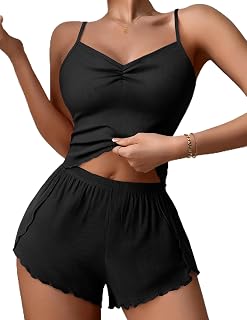 Ekouaer Womens Cami Pajama Sets 2 Piece Ribbed Knit Lingerie Sleeveless Tank Top and Shorts Camisole Pjs Sleepwear