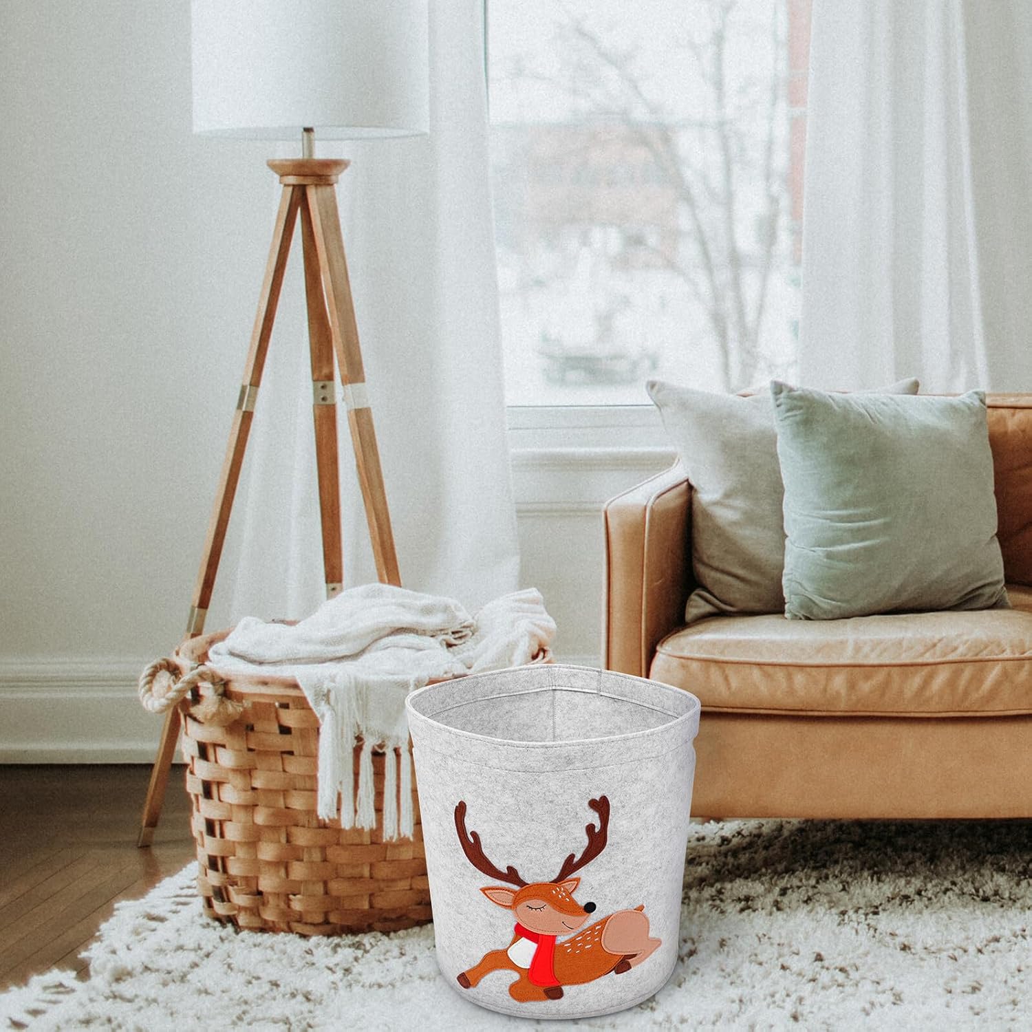 PRETYZOOM Christmas Cartoon Embroidered Storage Basket Felt Laundry Holder Thickened 3.0 Felt Organizer Bin for Nursery and Home, 35x32cm,