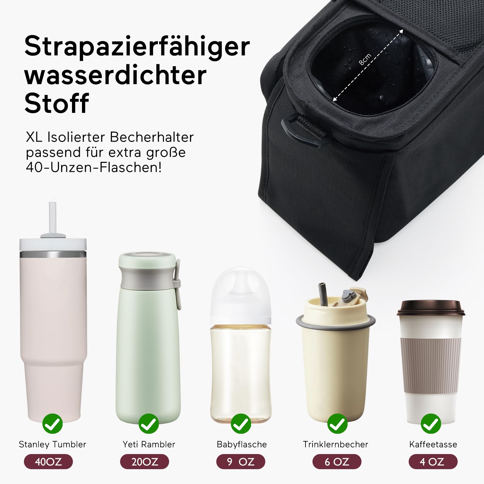 Kinderwagen Organizer Universal mit Isolierten Getränkehalter/Becherhalter, Momcozy Buggy Kinderwagentasche Baby Zubehör mit Reißverschlusstasche, Schultergurt und Stauraum für Windeln&Handys, Schwarz