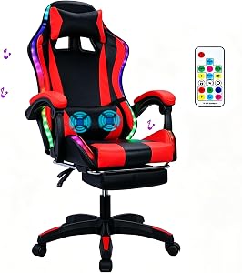 RGB LED Gaming Chair with Speakers, Ergonomic Massage Computer Chair with Lumbar Support & Footrest, High Back Reclining Video Game Chairs for Adults Black & Red