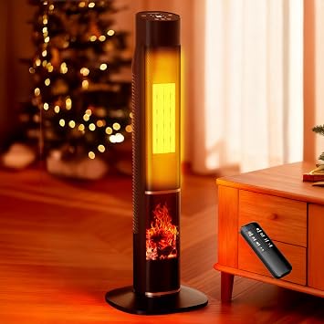 Uthfy 32" Space Heater for Large Room, 1500W Electric Heater for Indoor Use with 24H Timer & 3D Flame, 120 Oscillation, ECO Mode, Child Lock, Remote, Portable Tower Heater for Room, Bedroom Office