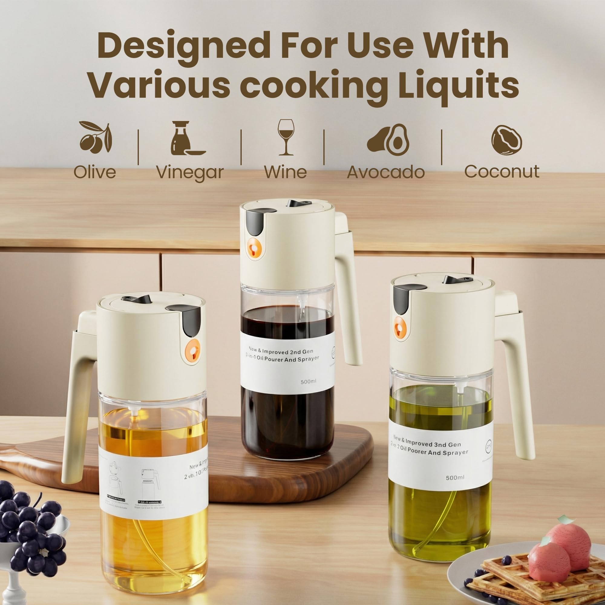 LAKUMIQI Ölsprüher zum Kochen mit auslaufsicherer Dichtung, One-Touch-Nebel, 600 ml Küchenölspenderflasche für Luftfritteuse, Grillen, Backen, Salat (weiß)
