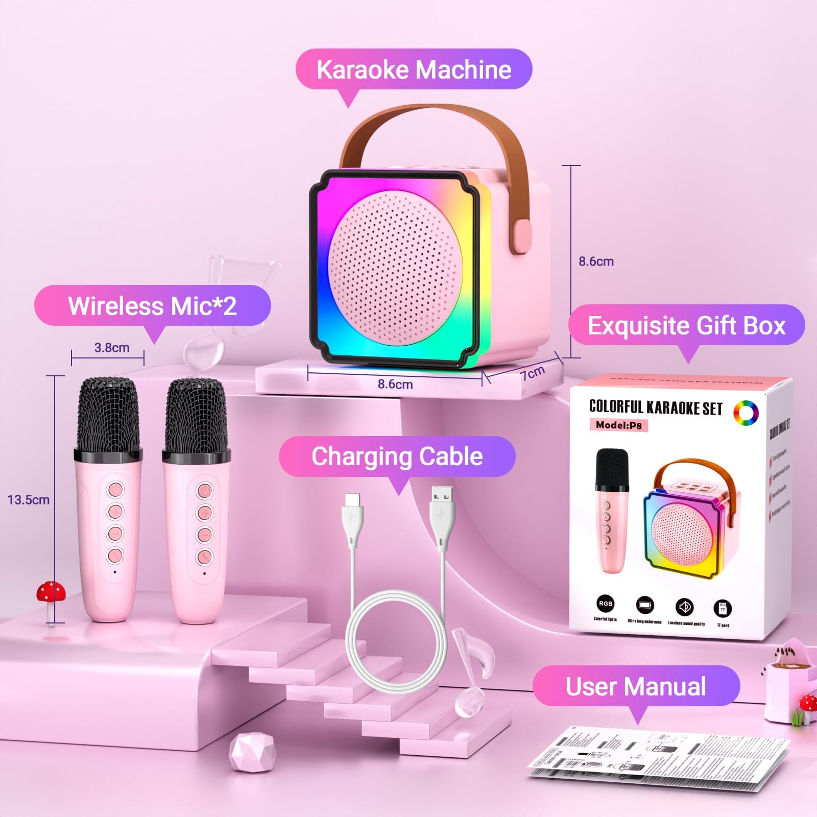 Anykuu Karaoke per Bambini con Microfono, Macchina per Karaoke Senza Fili Portatile con 2 Microfoni Wireless e Luce LED