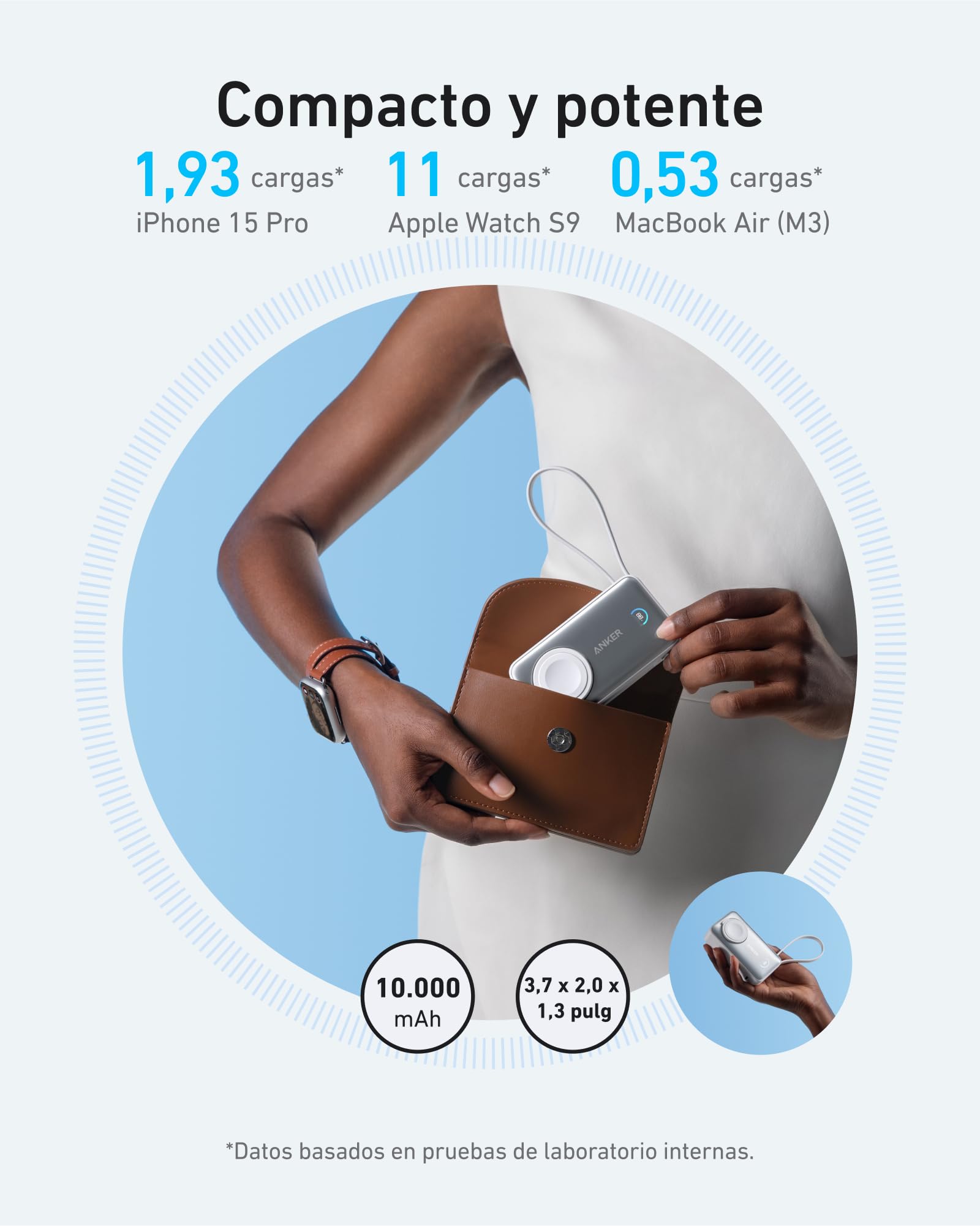 Anker MagGo Power Bank para Apple Watch, 10.000 mAh, 35 W máx. | Con certificación oficial y cable USB C integrado, para iPhone serie 17/16/15, Samsung, iPad y AirPods