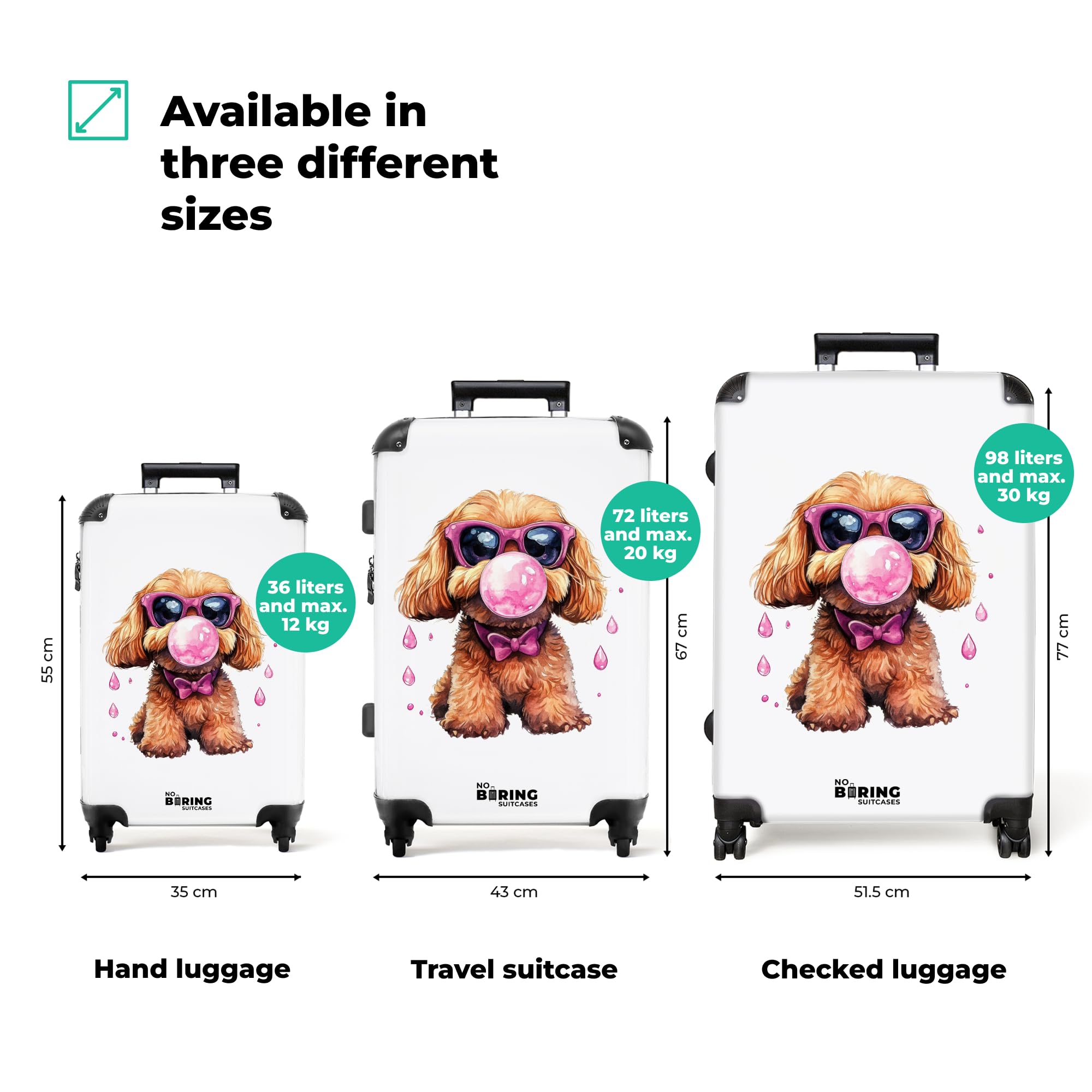 NoBoringSuitcases.com® Maleta De Cabina Niños 55x35x20 cm Equipaje Mano Infantil Viaje Avion Trolley Rígido Ligero 4 Ruedas Maletas Carry On Suitcase Perro - Marrón - Gafas - Rosa - Chicle