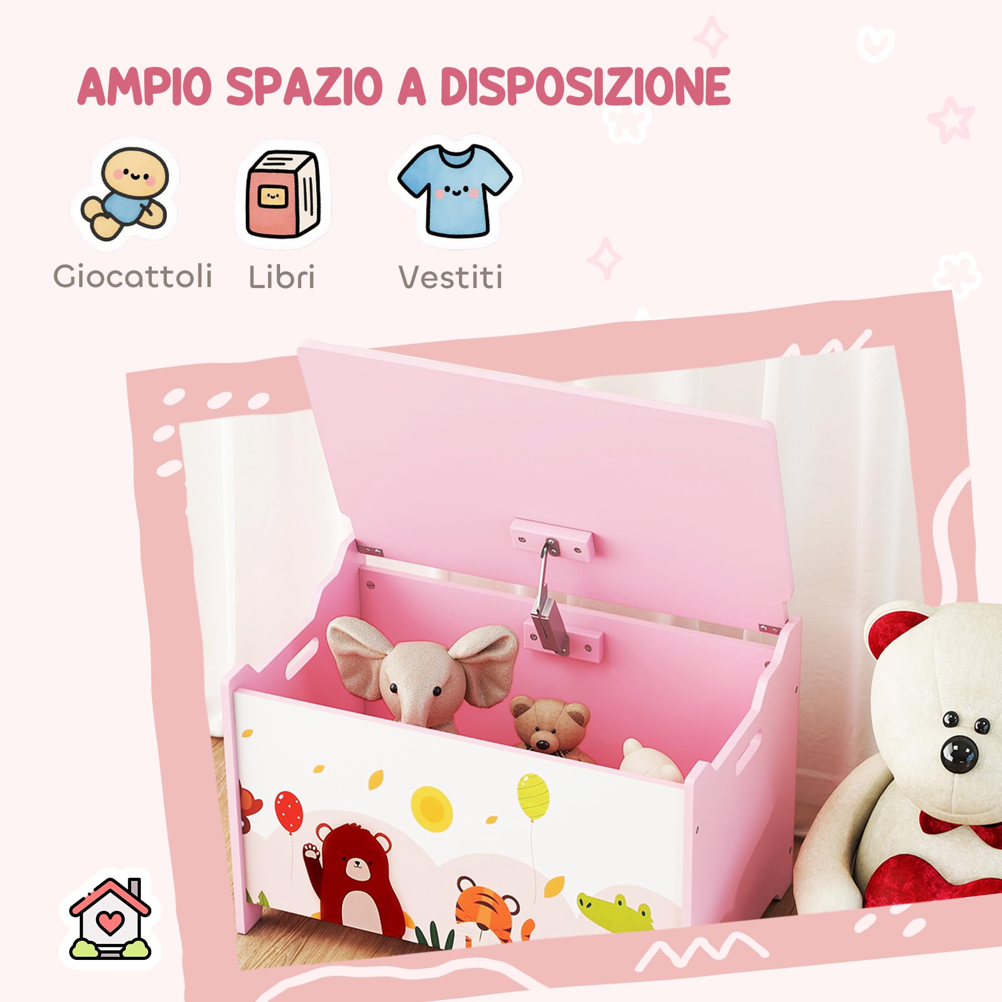 AIYAPLAY Baule Portagiochi per Bambini, Contenitore per Giocattoli in Legno con Cerniere di Sicurezza, Mobile per Cameretta e Salotto con Disegni di Animali, 60x37x39 cm, Rosa