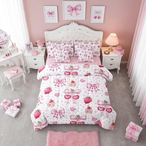 Manfei Pink Bowknot Bed Set in a Bag 7 Pcs,Sweet Cake Cherry Strawberry Fruits B