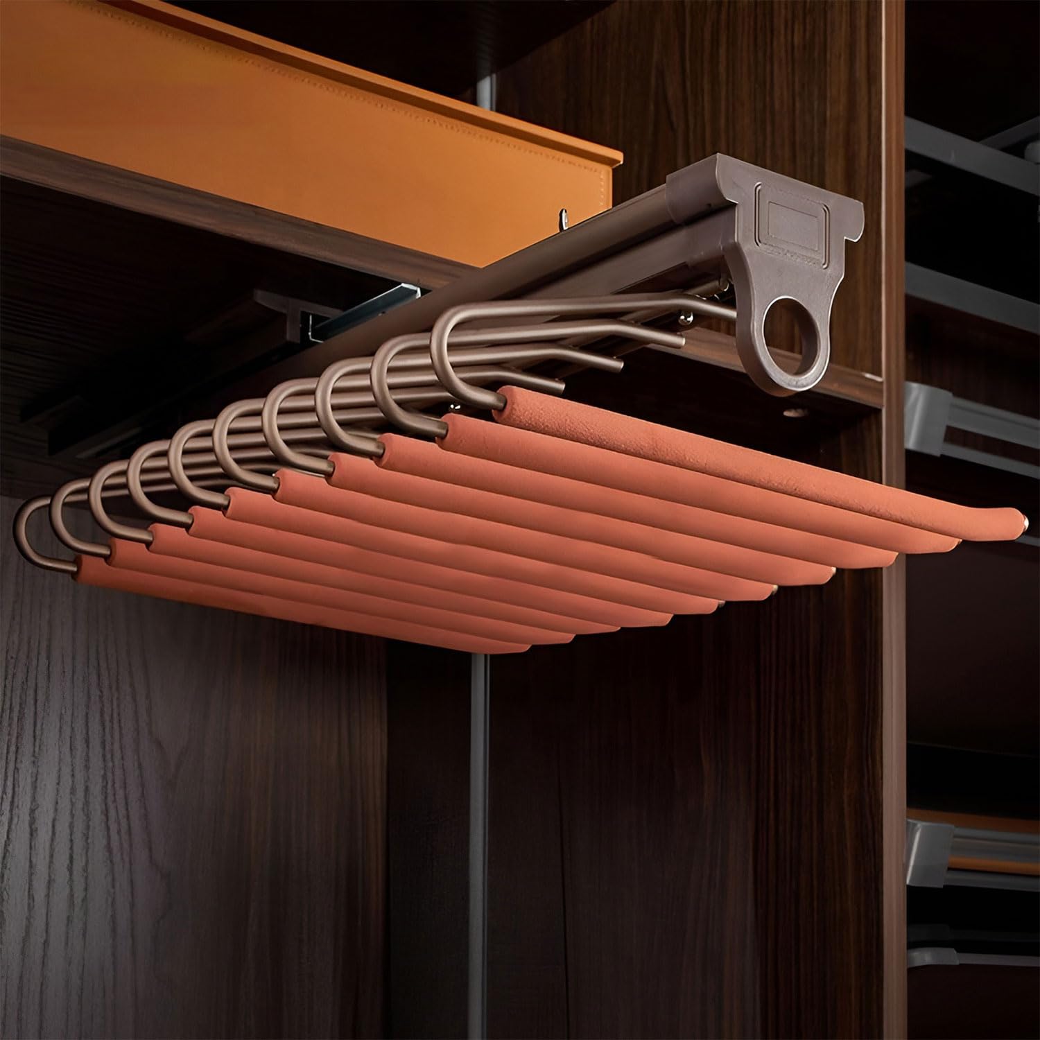 VOLO Soft Close Pull Out Pants Rack – Top Mounted Trouser Rack, Smooth Slide-Out Clothes Organizer for Wardrobe, Heavy Duty Mild Steel, 25 Kg Load Capacity, Brown Mocha, 18 Inch