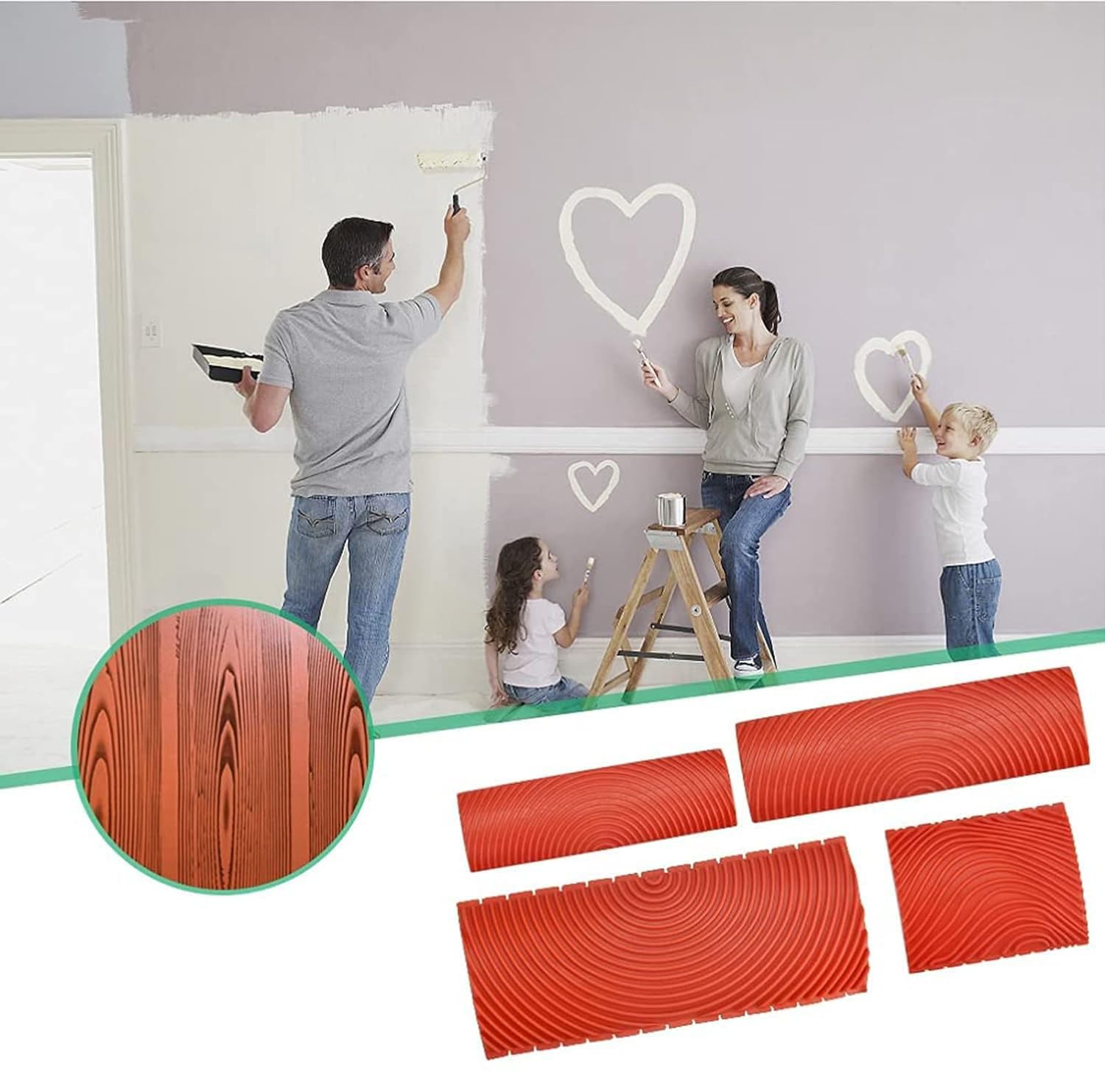 venalegno，rulli decorativi，Strumento per venature del legno, rullo strutturale, rullo per pittura, 4 attrezzi da pittura in gomma per decorazione da parete, per decorazioni da parete fai da te, rosso