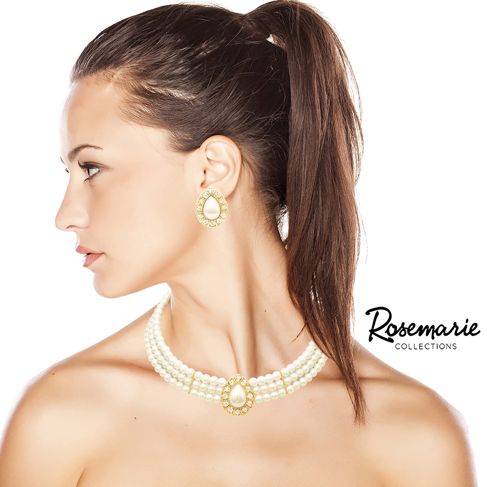 Rosemarie & Jubalee Set di 3 collane girocollo da donna, con perle finte a goccia, bracciale e orecchini a clip, da sposa, 27,9 cm + 7,6 cm di estensione