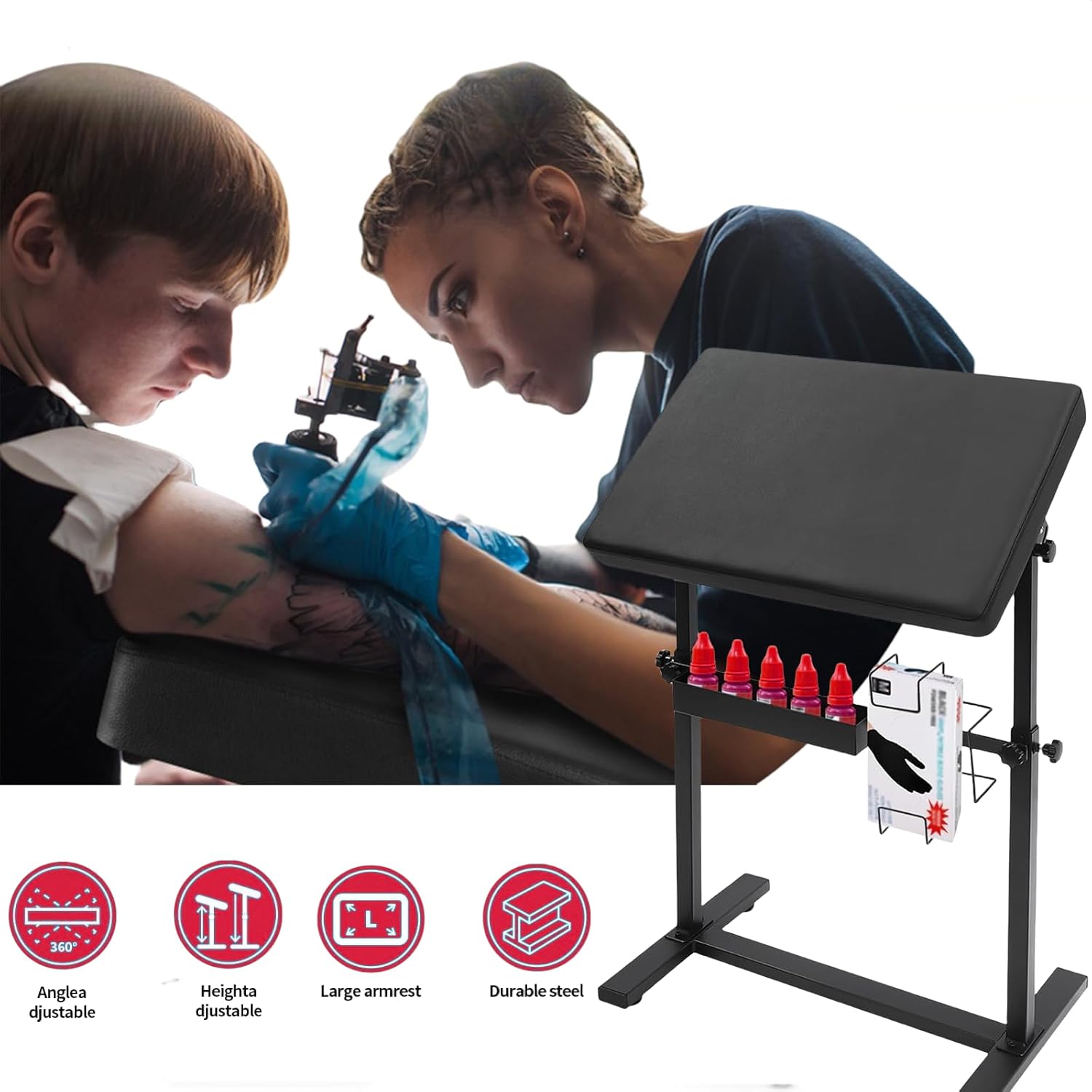 Large Tattoo Armrest Stand，Tattoo Arm Rest with PU Leather Soft Sponge, Armrest Tattoo with Rack and Storage Compartment, 180°Rotation Adjustable Height & Angel for Tattoo Station Tattoo Equipment