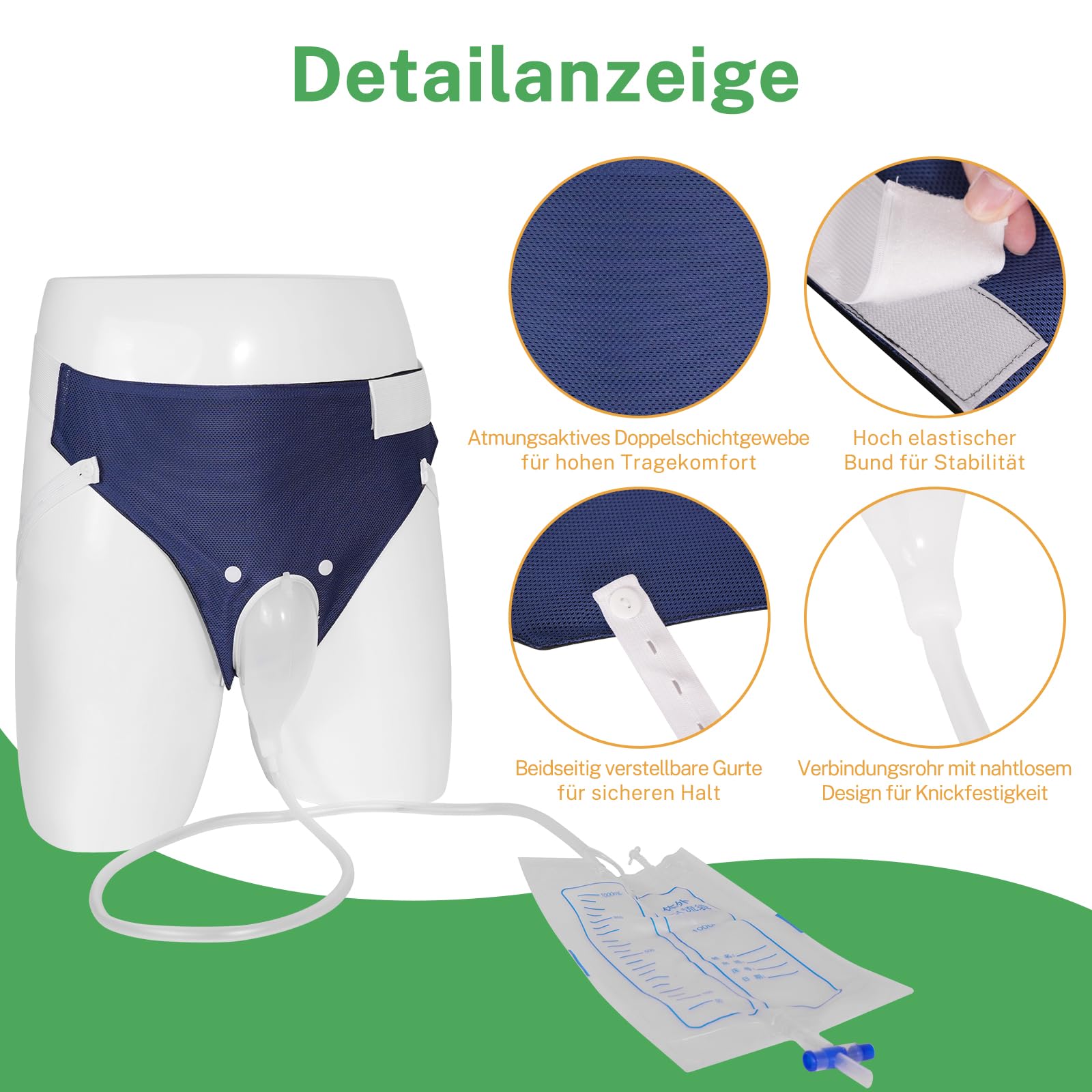 Poche à urine portable sans cathéter pour hommes âgés, alternative aux sous-vêtements pour incontinence pour personnes âgées, collecteur d'urine réutilisable (1000 ml*1 + 2000 ml*1) bleu