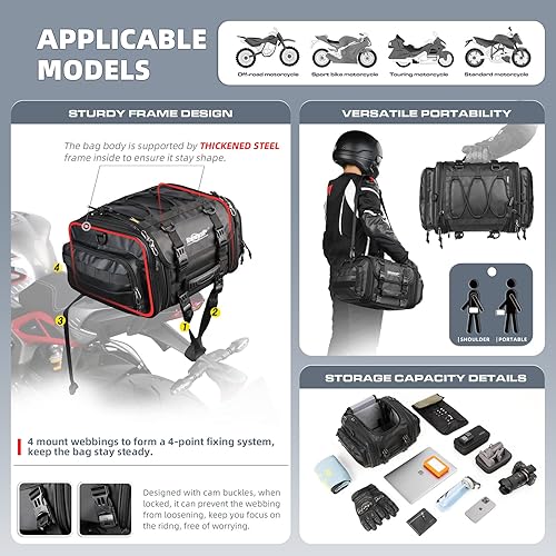 Miniatura 5 de Rhinowalk Bolsa trasera para motocicleta, equipaje de viaje con motor de 26 litros, bolsa de asiento trasero expandible con cubierta impermeable