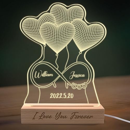 Miniatura 8 de Hodmec Luz nocturna personalizada de ilusión 3D con base de madera lámpara de corazón personalizada con texto de imagen luz nocturna LED acrílica