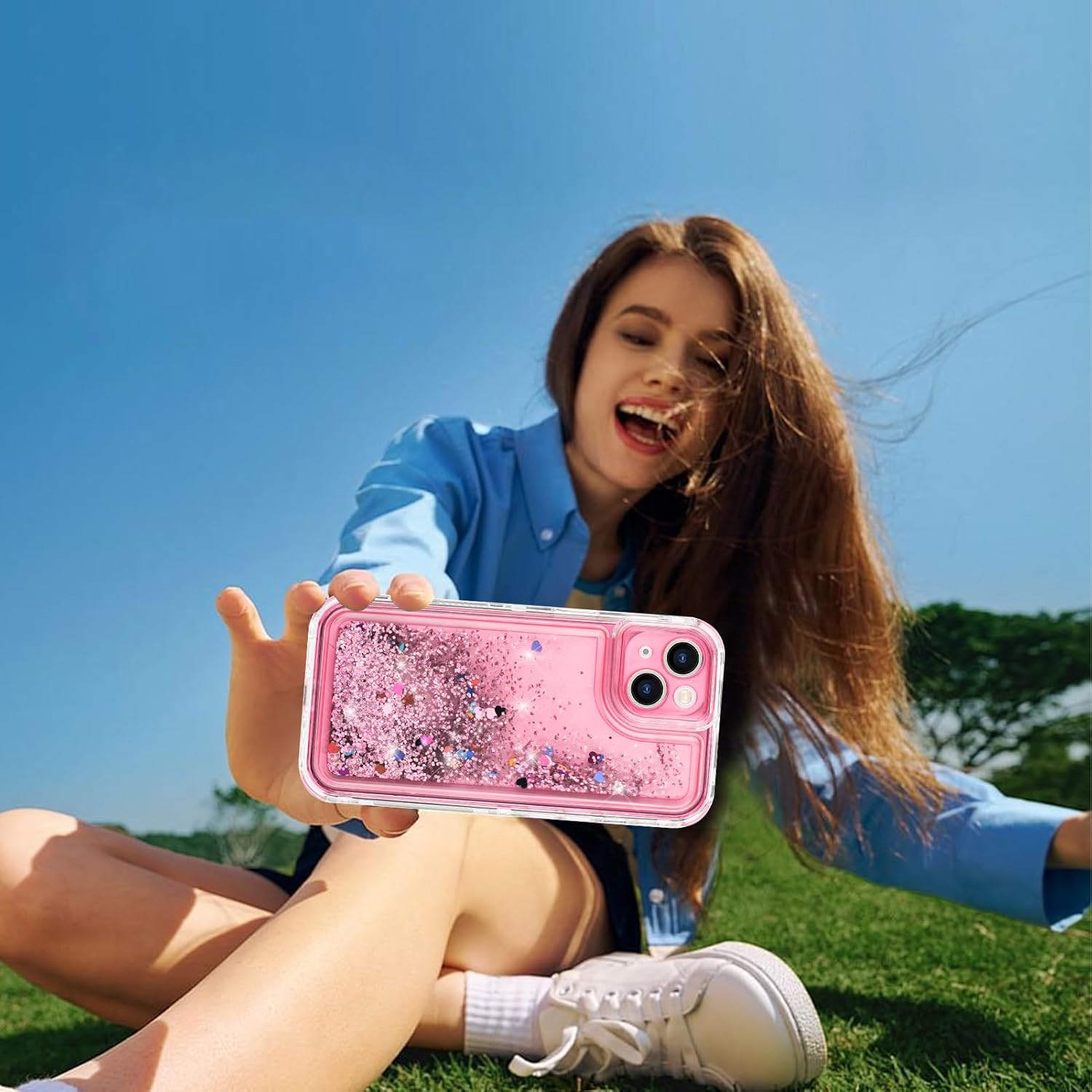Tikoo Designed for iPhone 13/14 Case Glitter for Women Girl Clear 3-in-1 Heavy Duty Protective Phone Cover with Floating Liquid Quicksand Bling Sparkly Cute Case for iPhone 13/14 (Pink) - Image 3