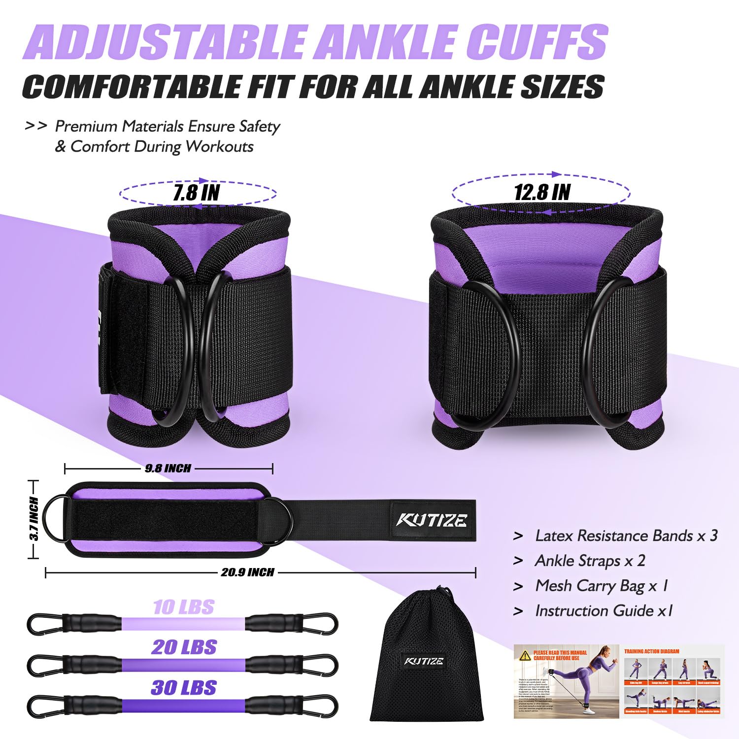 Bandas de resistencia al tobillo con puños y guía de entrenamiento, equipo de entrenamiento de piernas/glúteos para mujer para fitness en casa, bandas de ejercicio de empuje de cadera