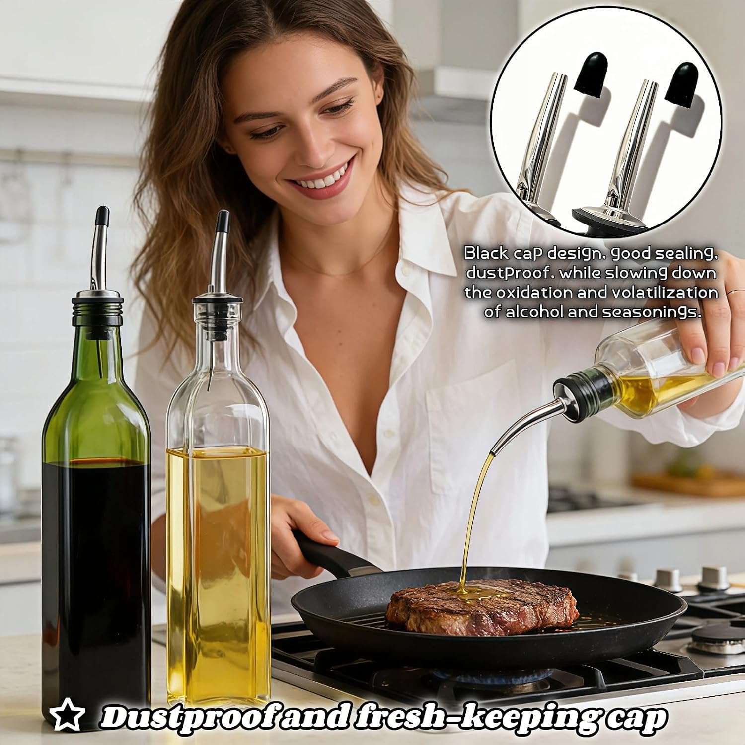 4-Pack Stainless Steel Wine & Oil Bottle Pourer Set - Precision Flow Control Spout with Anti-Drip Seal & Dust Cap for Liquor, Vinegar, Olive Oil - Bar Kitchen Tool by Yayaboqu
