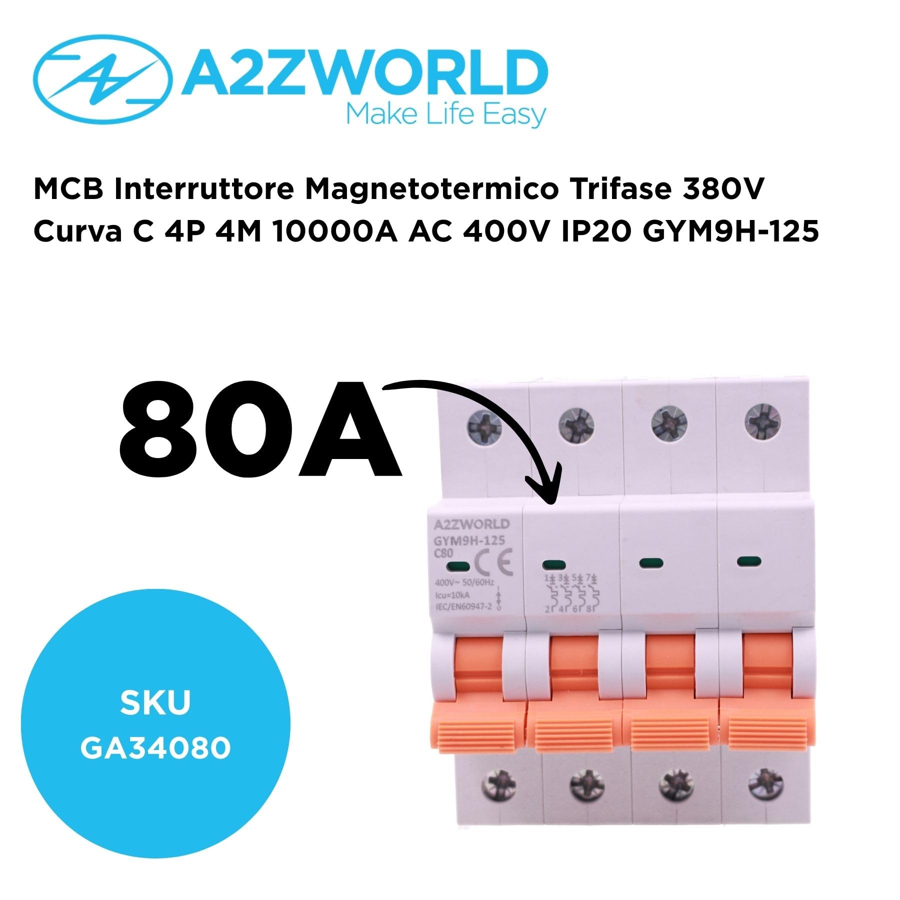 Leitungsschutzschalter, dreiphasig, 4P 80 A C80, Kurve C 10 kA, 4 Module DIN 380 V AC, zertifiziert IEC60898-1, Serie GYM9H-125