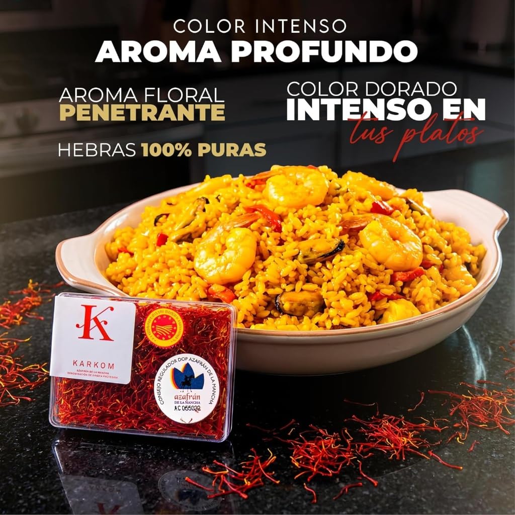 Azafrán DOP en Hebras Español Natural 100%, Perfecto Sazonador para Paella y Comidas Gourmet, Azafrán de Hebra Premium en Caja de 4gr
