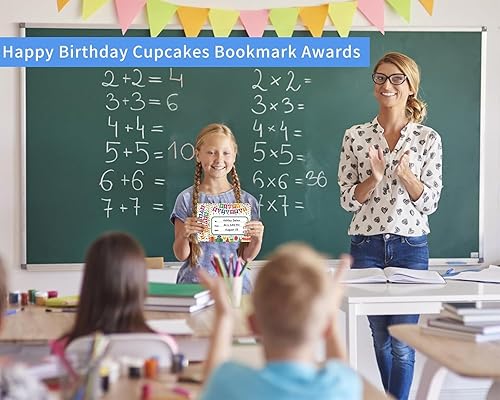 Miniatura 4 de FaCraft Marcapáginas de cumpleaños para estudiantes, 36 piezas de cupcakes de confeti certificados de cumpleaños para niños, marcadores de aula,
