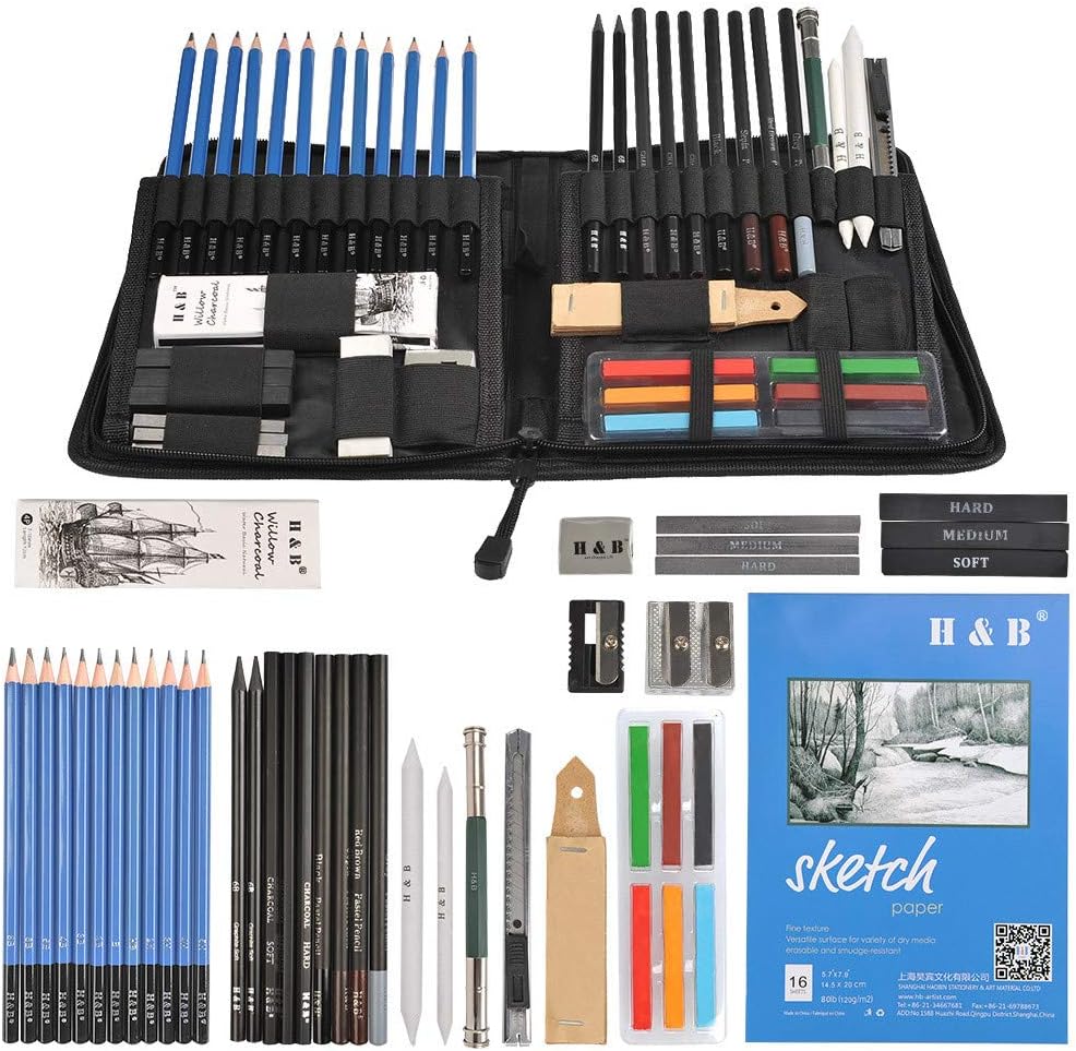 YOTINO 48 Pieces Professional Drawing and Sketch Kit Sketching Pencils Set with Zippered bag - Art Supplies Includes Eraser, Pastels, Graphite and Charcoal Sticks and Other Tools Accessories