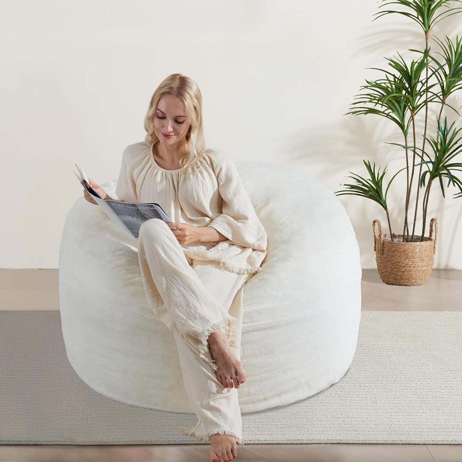 3FT Bean Bag Chair, Comfy Bean Bag Chairs for Adults, Luxury Velvet Memory Foam Stuffed Beans Bags with Removable Cover, Adult Beanbag Chair with Filler for Living Room, Bedroom, Cream White 3FT Cream White