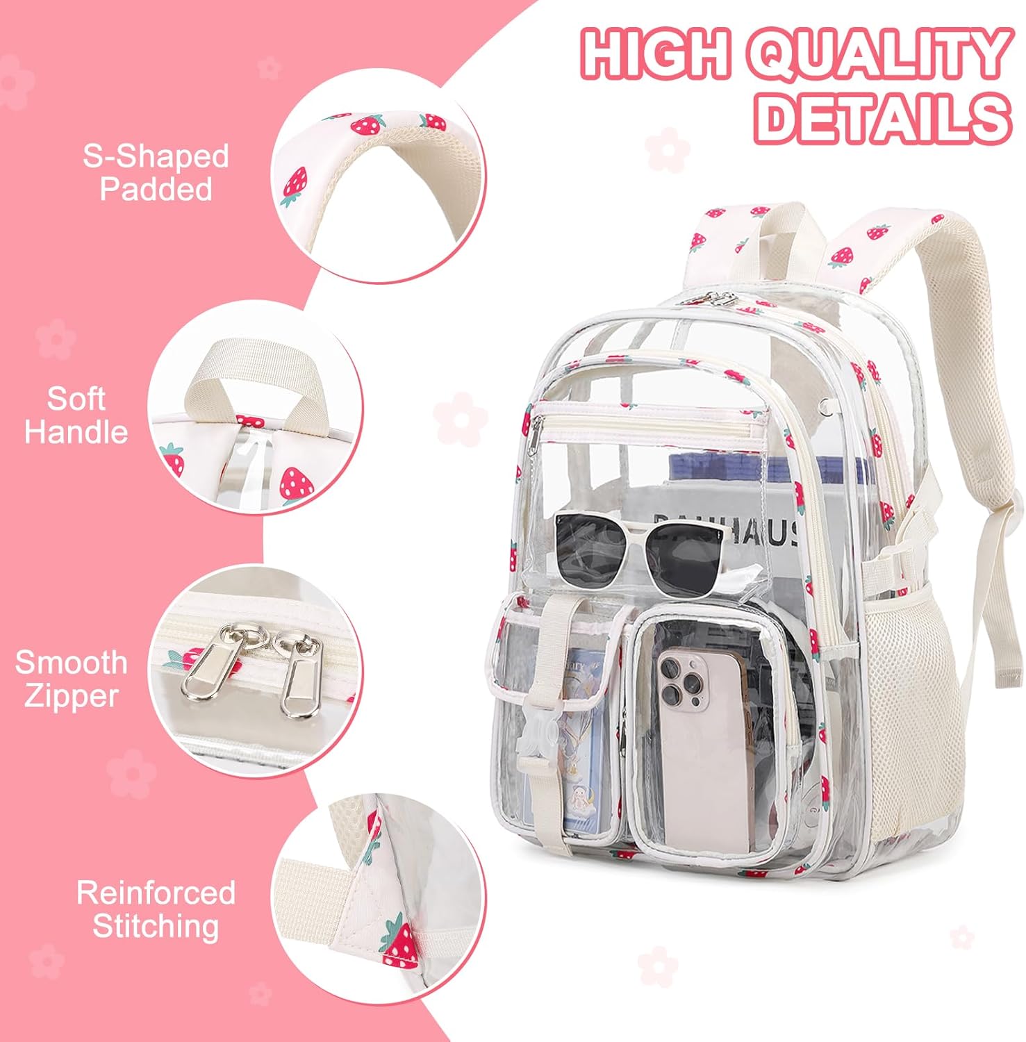 Scothen Clear Backpack for Girls, 3PCS PVC Transparent Girls School Bookbag Heavy Duty Stadium Approved, See Through Backpack Schoolbag for Kindergarten Elementary Middle School Travel