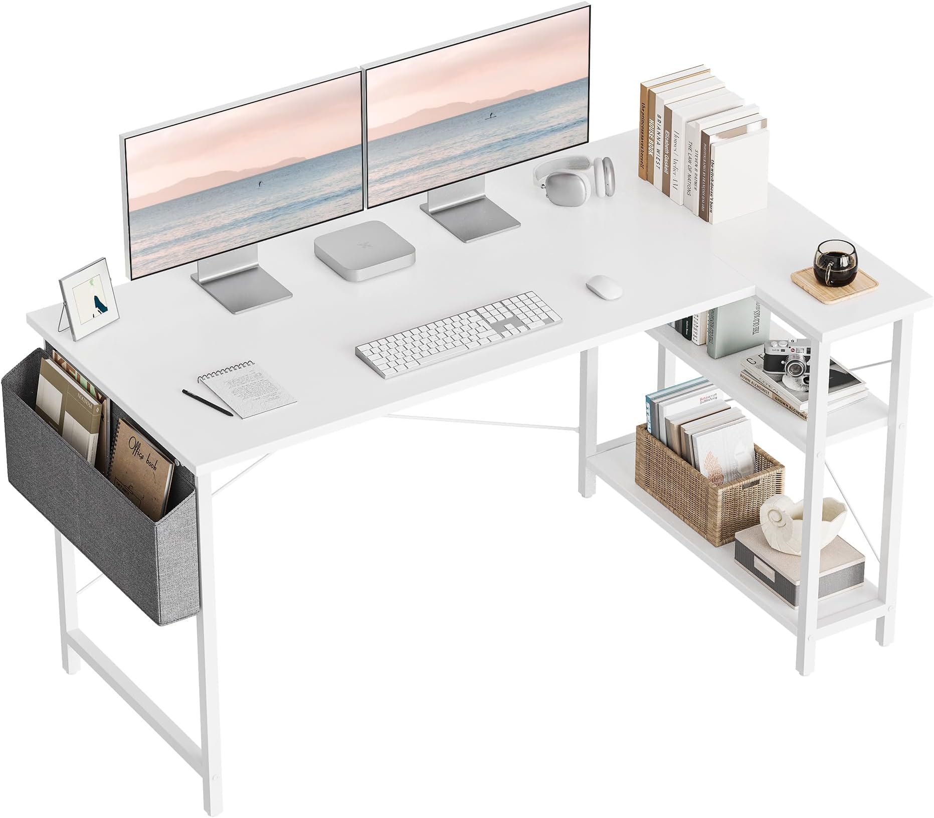 CubiCubi L-Shaped Desk, Width 47.2 inches (120 cm), Computer Desk, Desk with Rack, Right Shelf, Left Shelf, Corner Desk with Storage Bag, Study Desk, PC Desk, Space Saving, Easy Assembly, Stylish