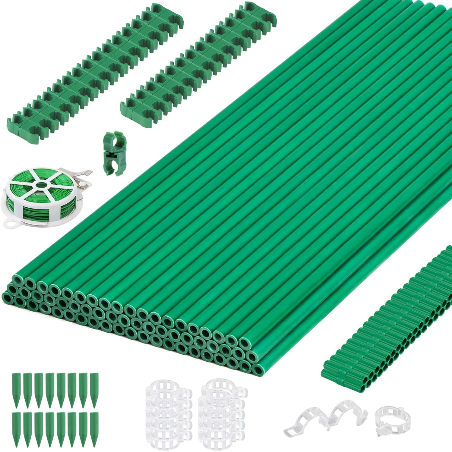 Cludoo 208PCS Garden Stakes Set with 60 Sets Fiberglass Plant Stakes Sticks Supports and Accessories, DIY 4ft 5ft 6ft 7ft Tomato Stakes for Tomato,Vegetables, Pepper, Fences Indoor Outdoor Plants