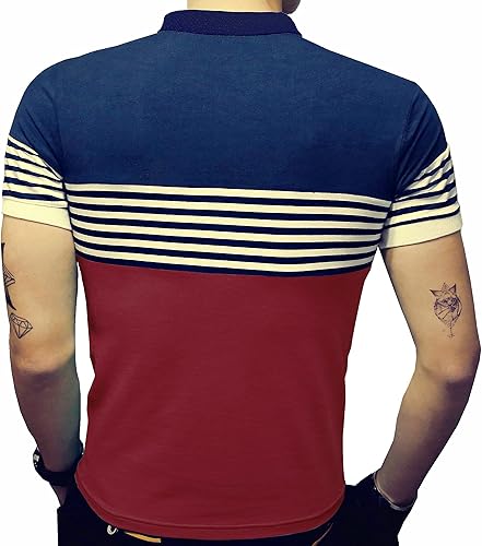 Miniatura 4 de LOGEEYAR Polo de manga corta para hombre, ajuste delgado, color contrastante, costuras a rayas, camiseta casual