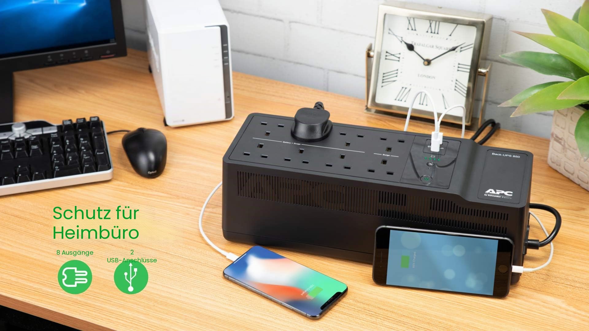 APC by Schneider Electric Back-UPS ES - BE850G2-UK - Unterbrechungsfreie Stromversorgung 850VA (8 Ausgänge, Überspannungsschutz, 2 USB-Ladeanschlüsse), Schwarz, 1 Stück